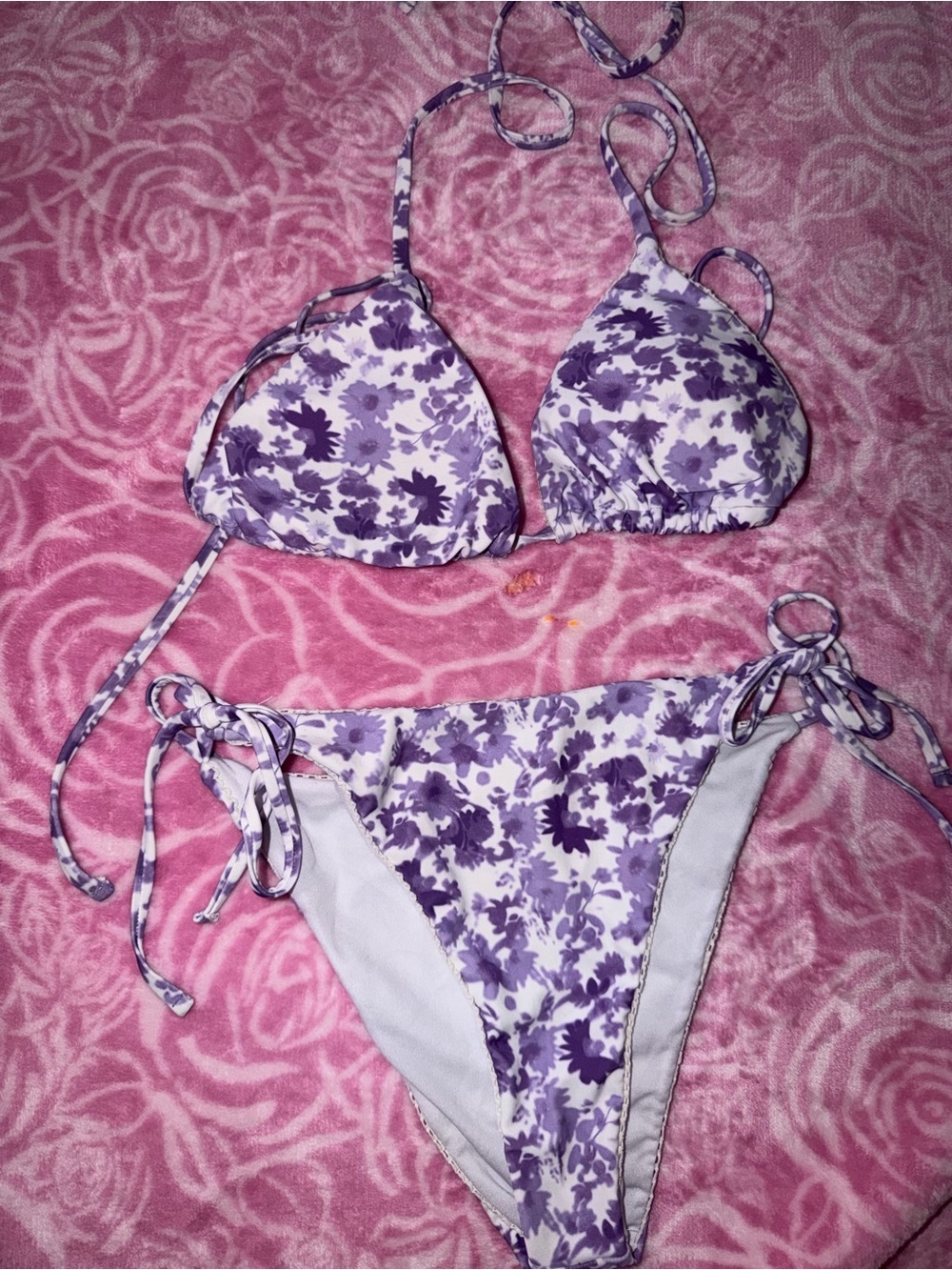 Purple Floral Tie-Side Bikini Top & Bottom Set - Women Swim Bikini Medium